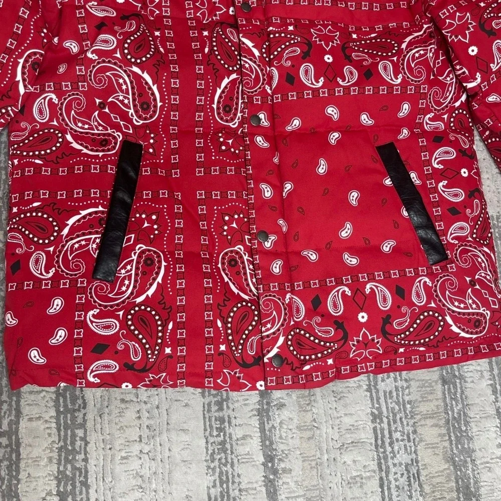 NEW Levis Mens Red Paisley‎ Bandana Western Puffer Jacket Sherpa Collar LARGE